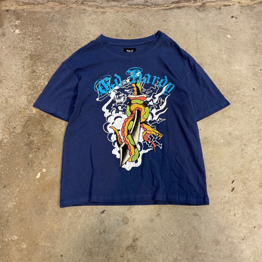 Ed Hardy Mens Navy Blue Graphic Tee Shirt Size M
